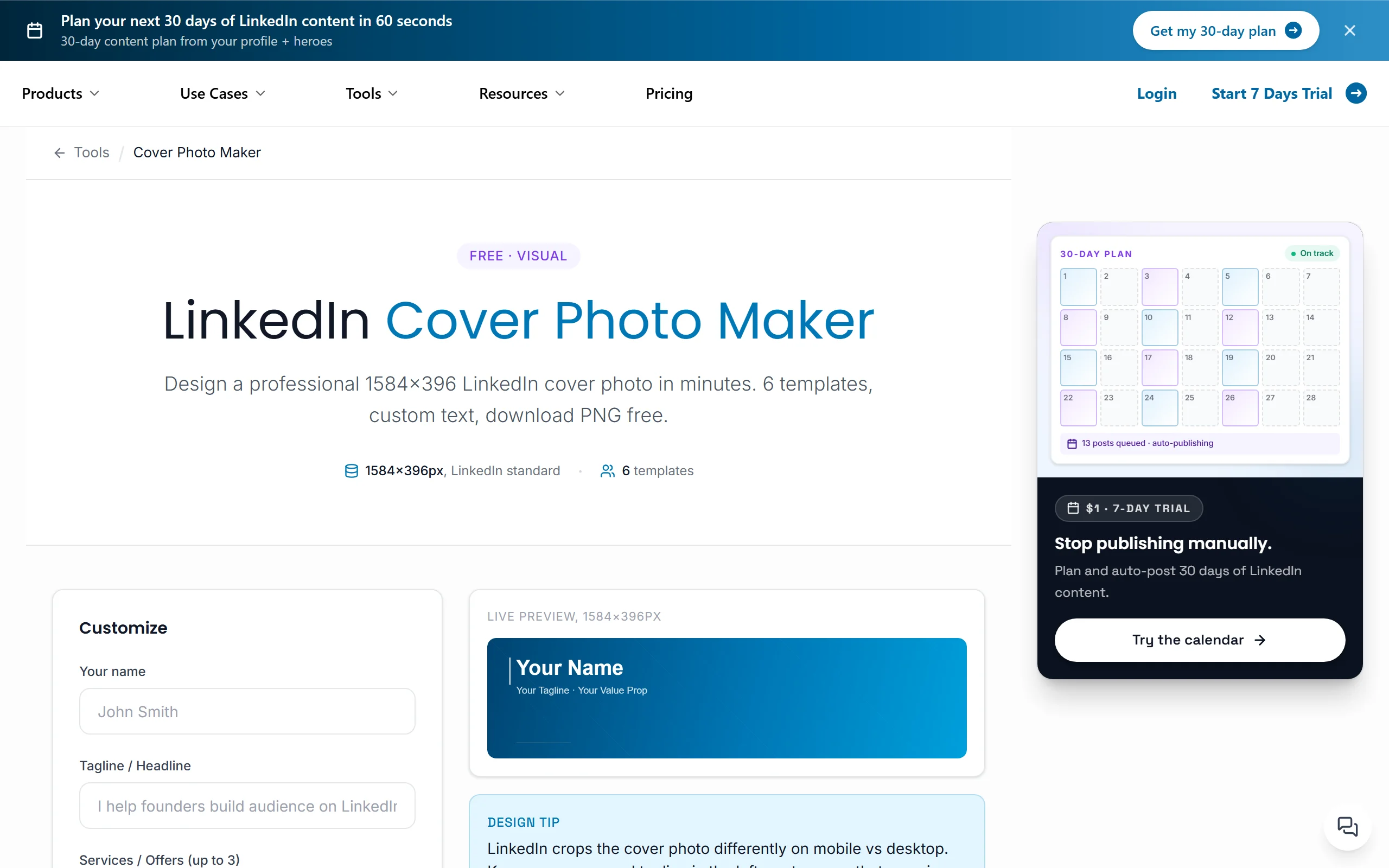 ViralBrain LinkedIn cover photo maker showing 6 role-based templates and a live 1584x396 preview