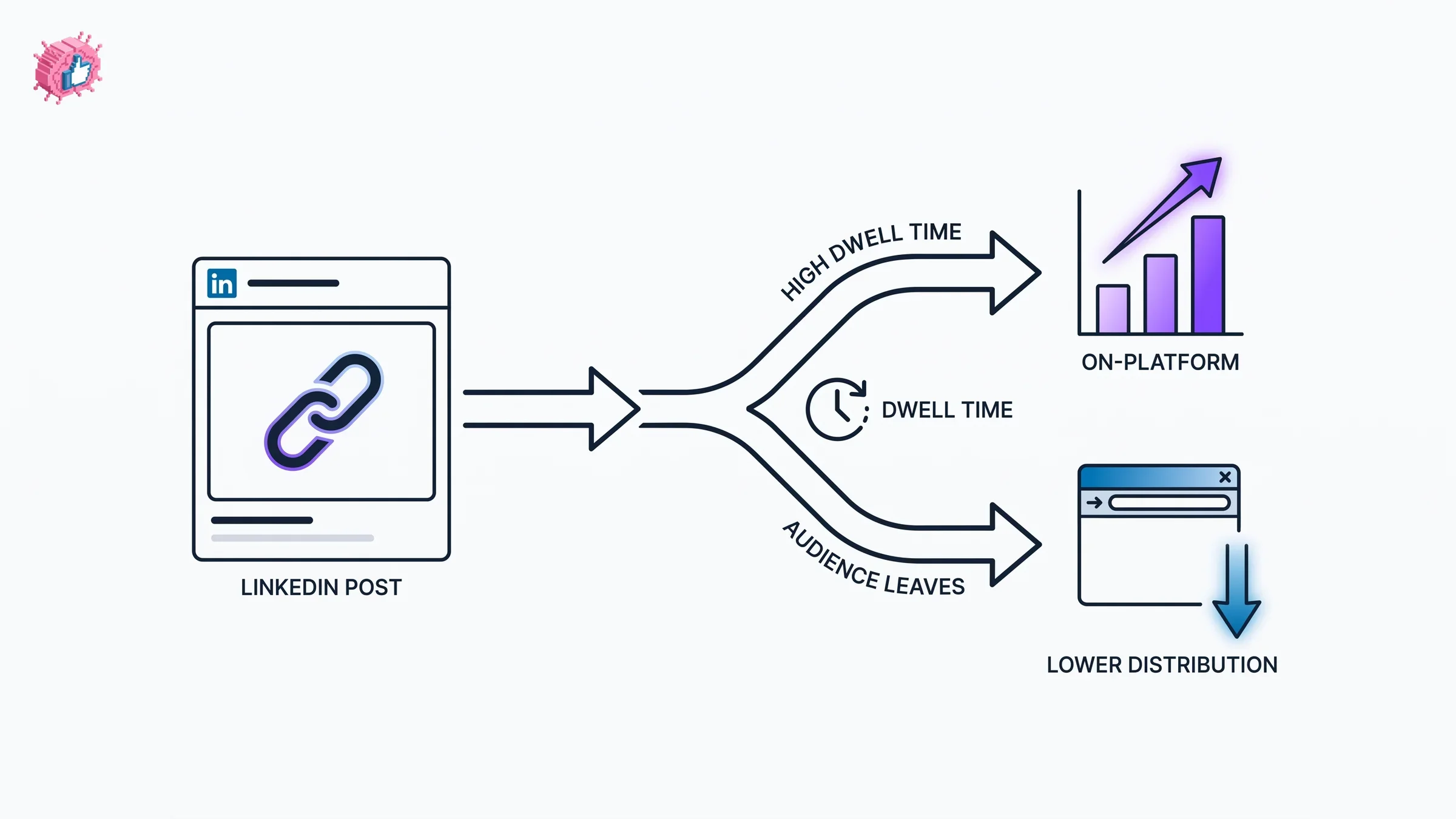 Diagram showing how external links affect LinkedIn post reach and dwell time