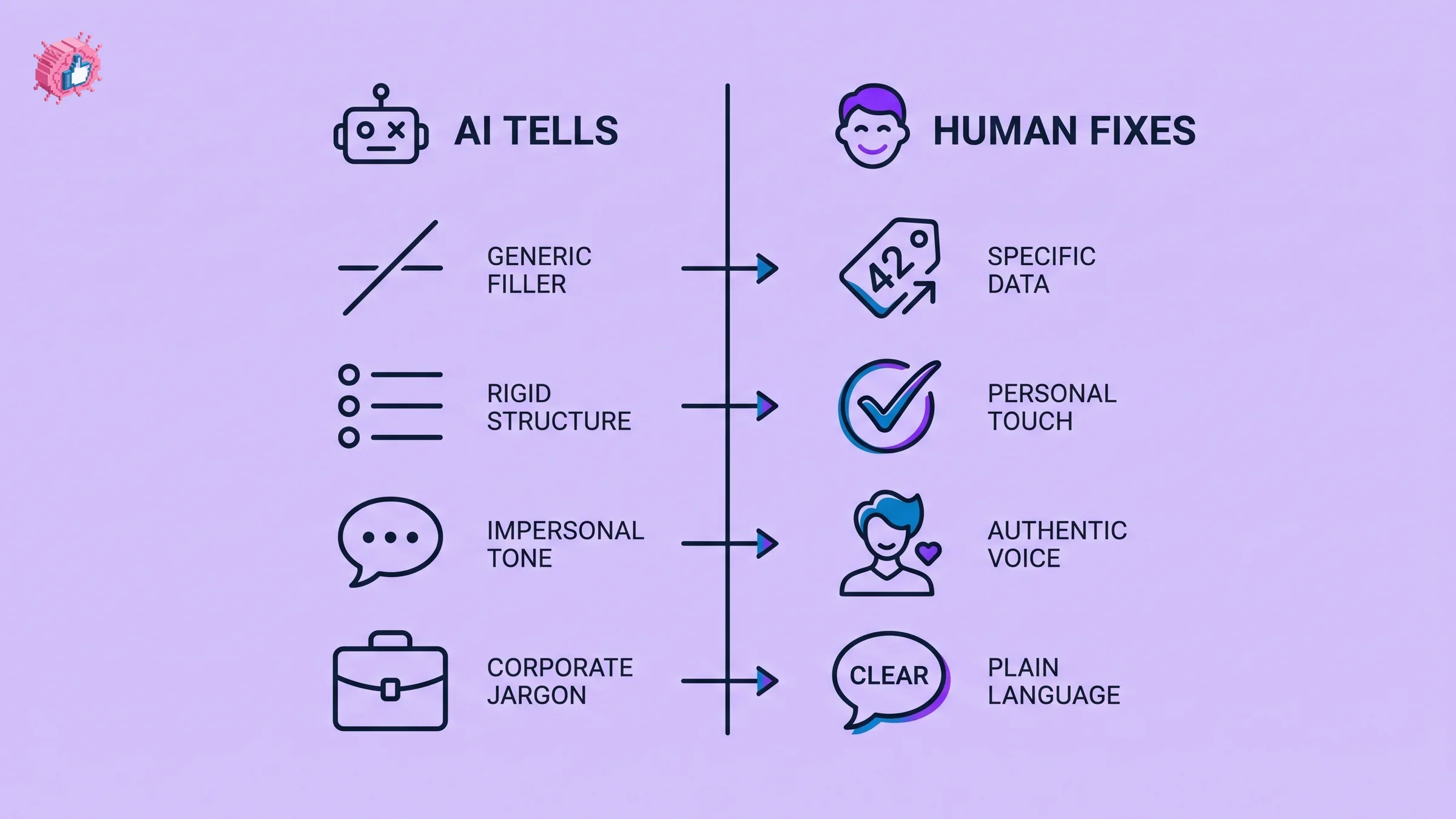 AI tells versus human fixes comparison for making AI LinkedIn posts sound human