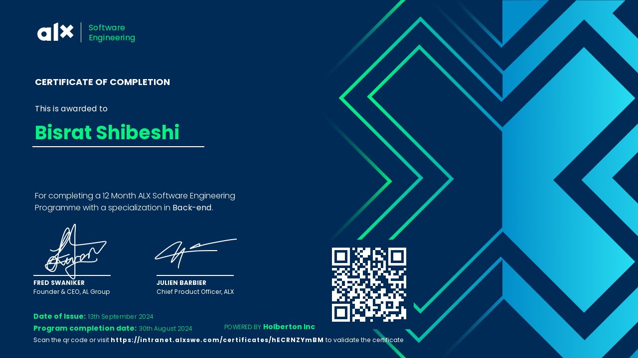 LinkedIn post image: 🎉 I Did It! Completed My 12-Month Alx Software Engineering course with Specialization in Backend Development 🚀