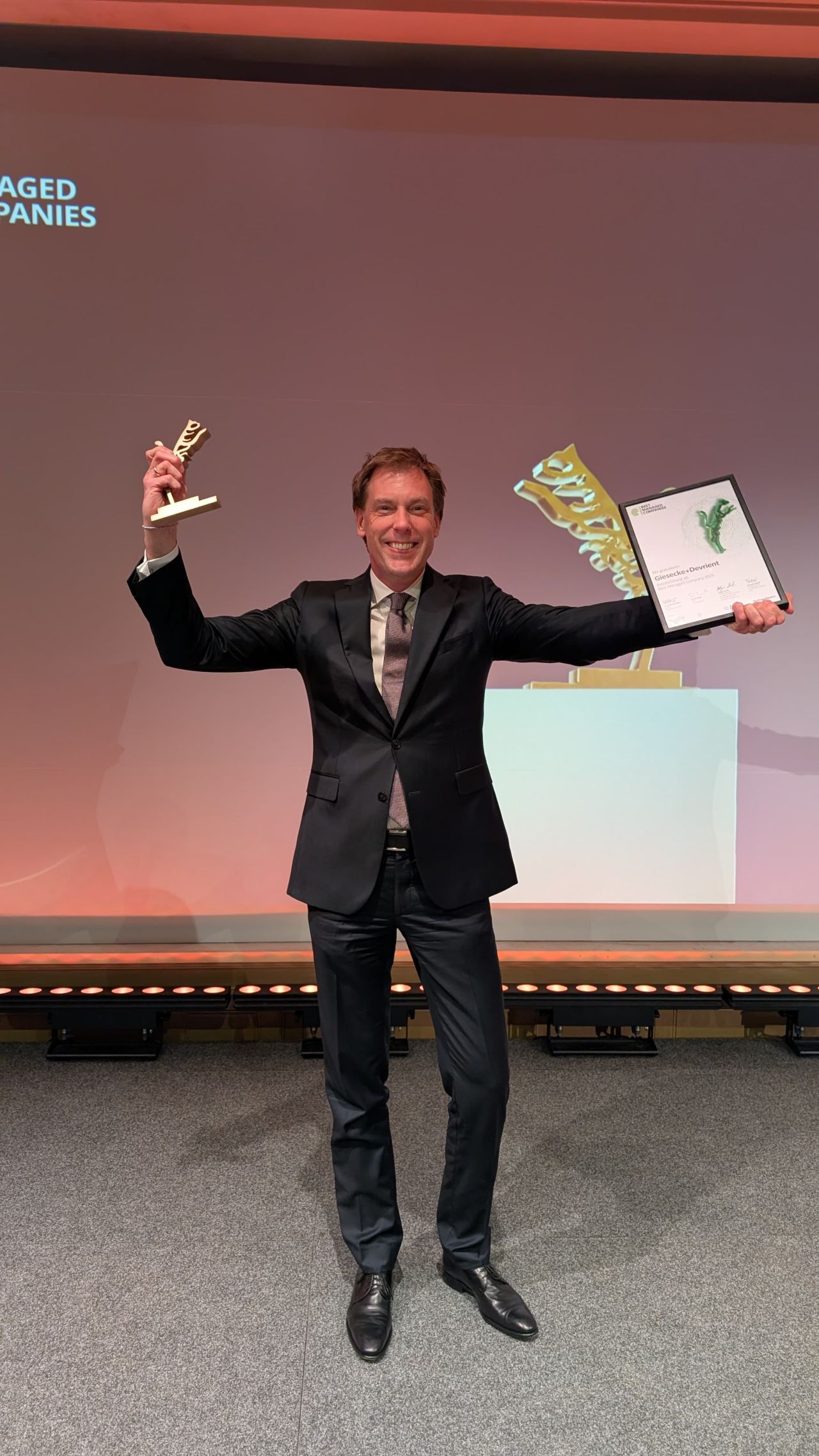 LinkedIn post image: Giesecke+Devrient was honored with the Best Managed Company Award, which was a great pleasure!