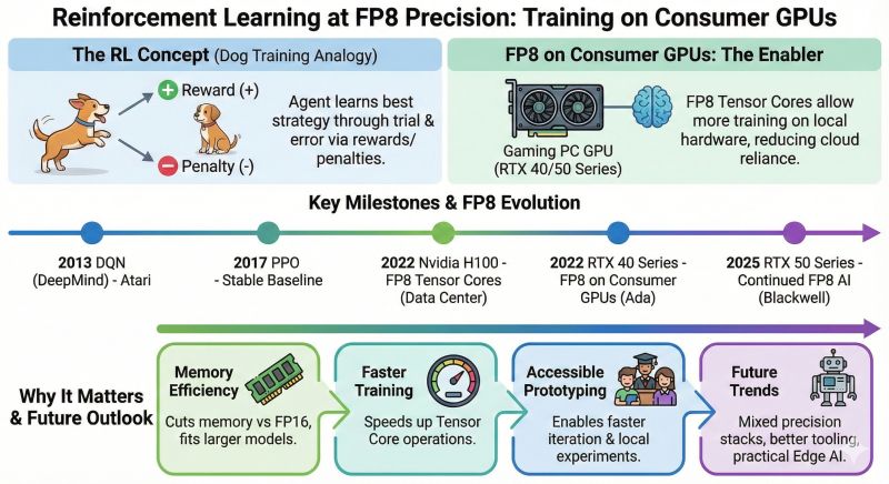 LinkedIn post image: 🐾⚡ Reinforcement Learning at FP8 Precision: Training on Consumer GPUs