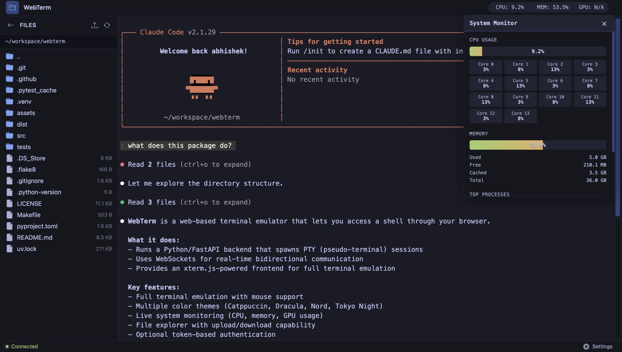 LinkedIn post image: Introducing WebTerm! 🚀 A fully-featured web-based terminal using Python/FastAPI backend with real-time WebSocket commun
