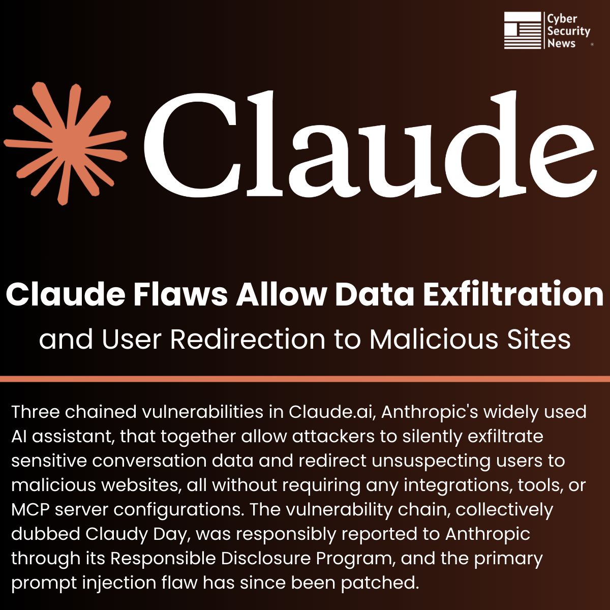LinkedIn post image: 🚨 Claude Vulnerabilities Allow Data Exfiltration and User Redirection to Malicious Sites | Source: https://lnkd.in/gqVV