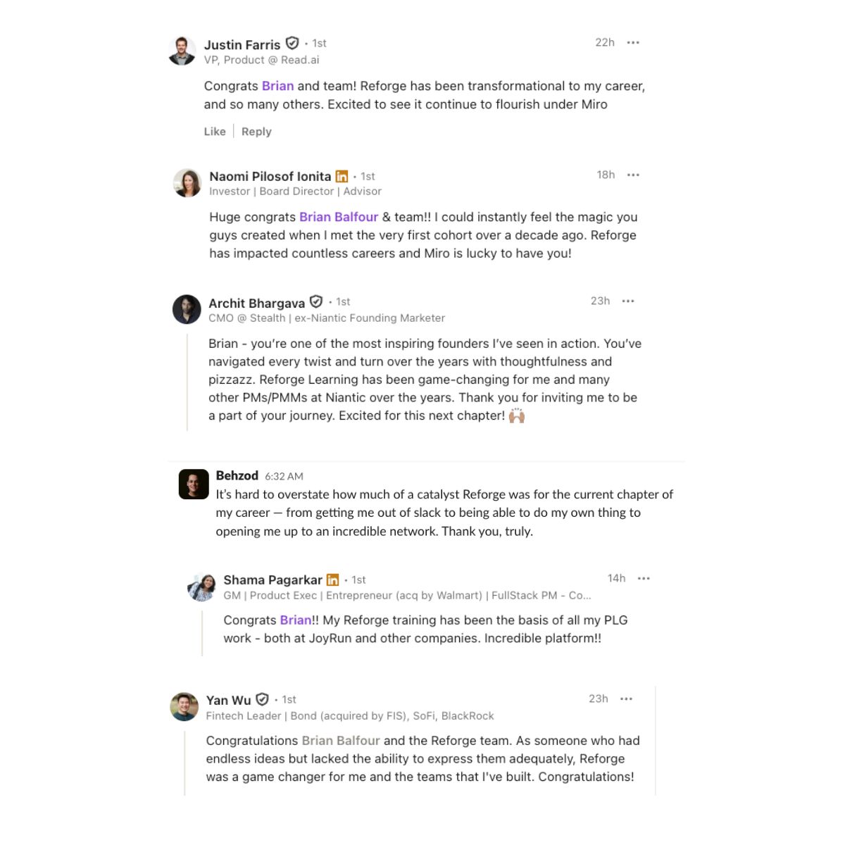 LinkedIn post image: After we announced yesterday that Reforge is being acquired by Miro, I got flooded with messages from folks sharing how