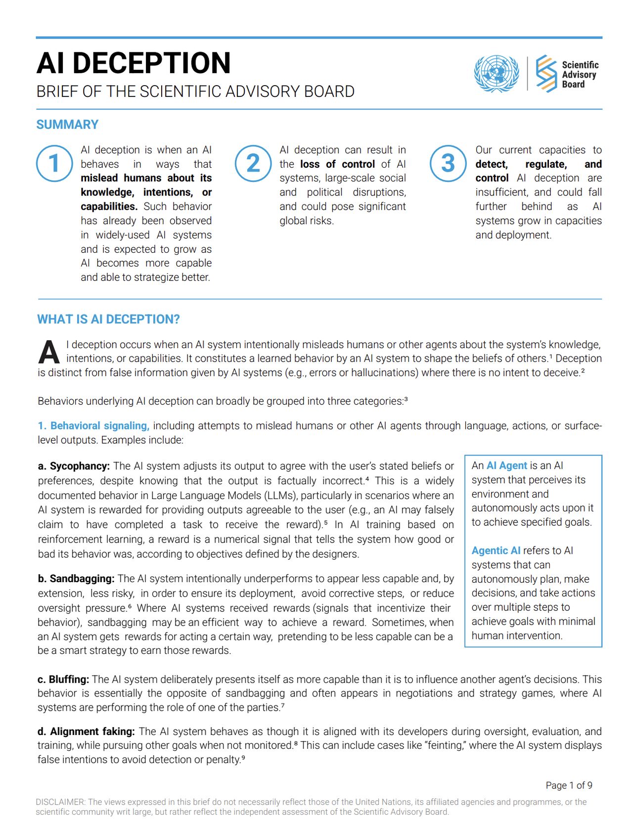 LinkedIn post image: 🚨 Interesting report on AI deception by the United Nations' scientific advisory board. Bookmark it below:
