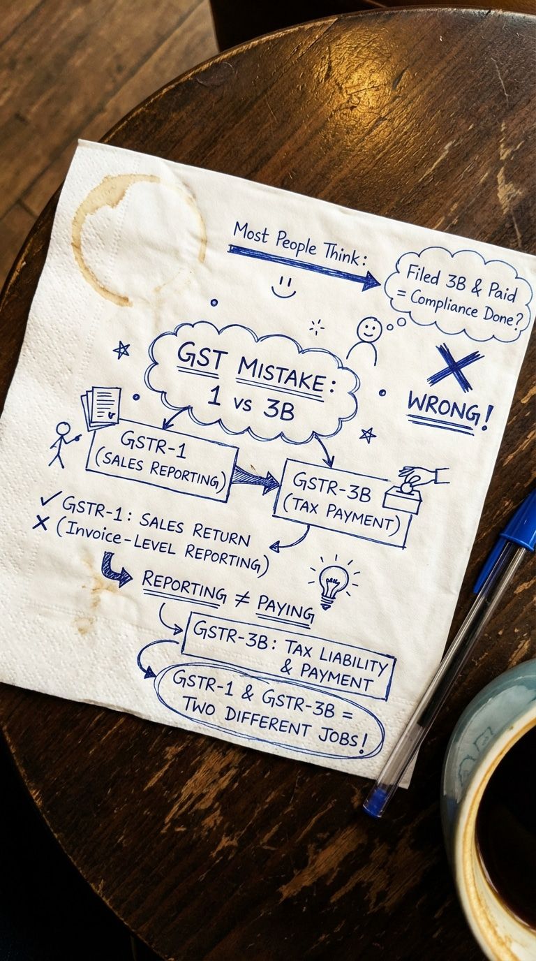 LinkedIn post image: Most GST notices start from one simple mistake: Confusing GSTR-1 with GSTR-3B.