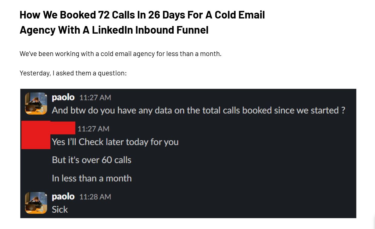 LinkedIn post image: 72 calls in 26 days.