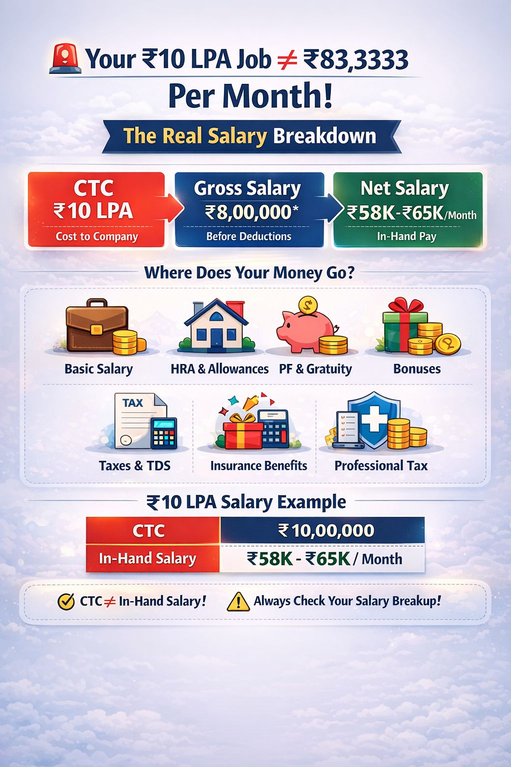 LinkedIn post image: In-Hand Salary vs CTC –The Real Truth😳