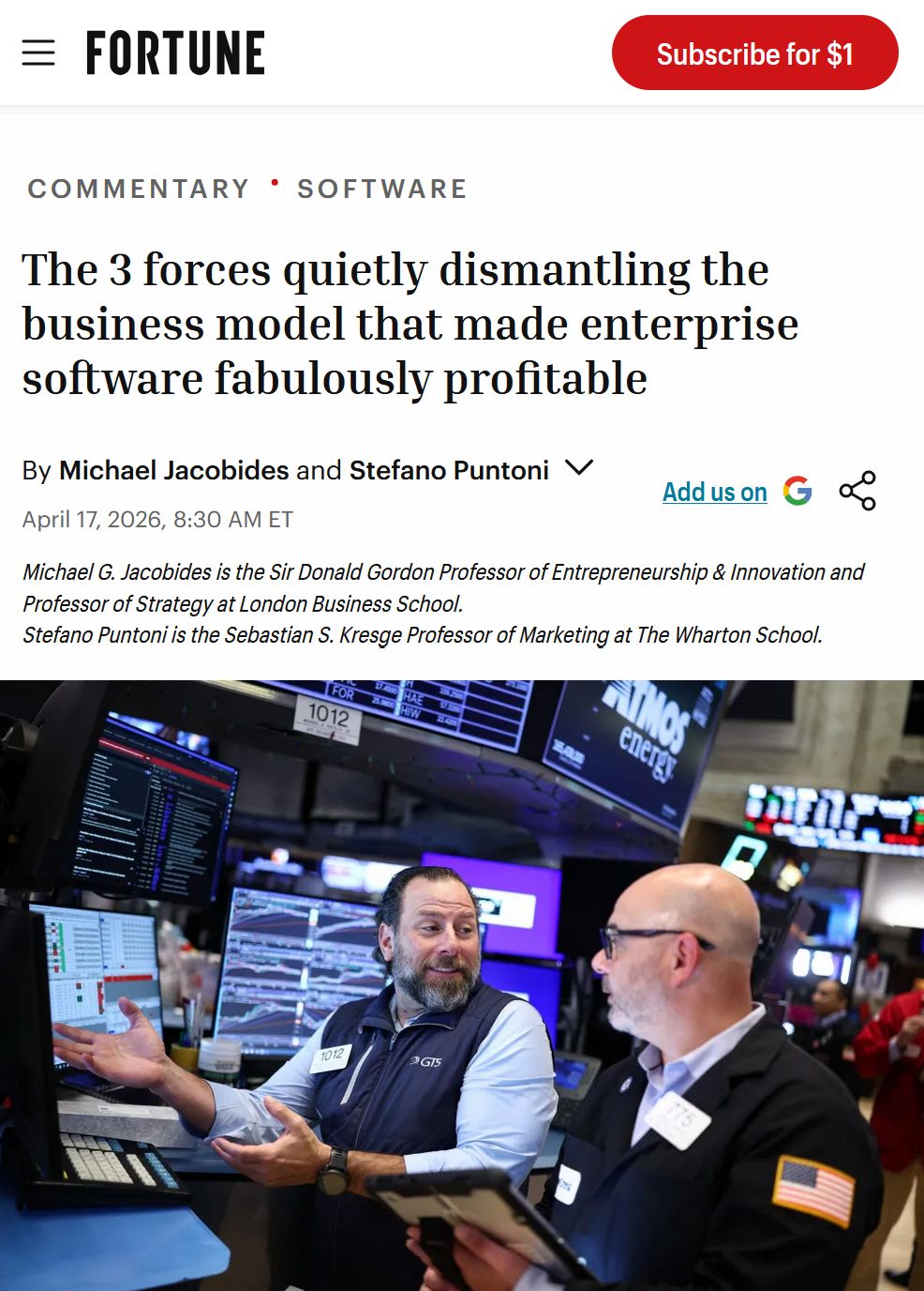 LinkedIn post image: Our new Fortune op-ed on the "SaaS-pocalypse". We share insights from two roundtables with business leaders that we rece