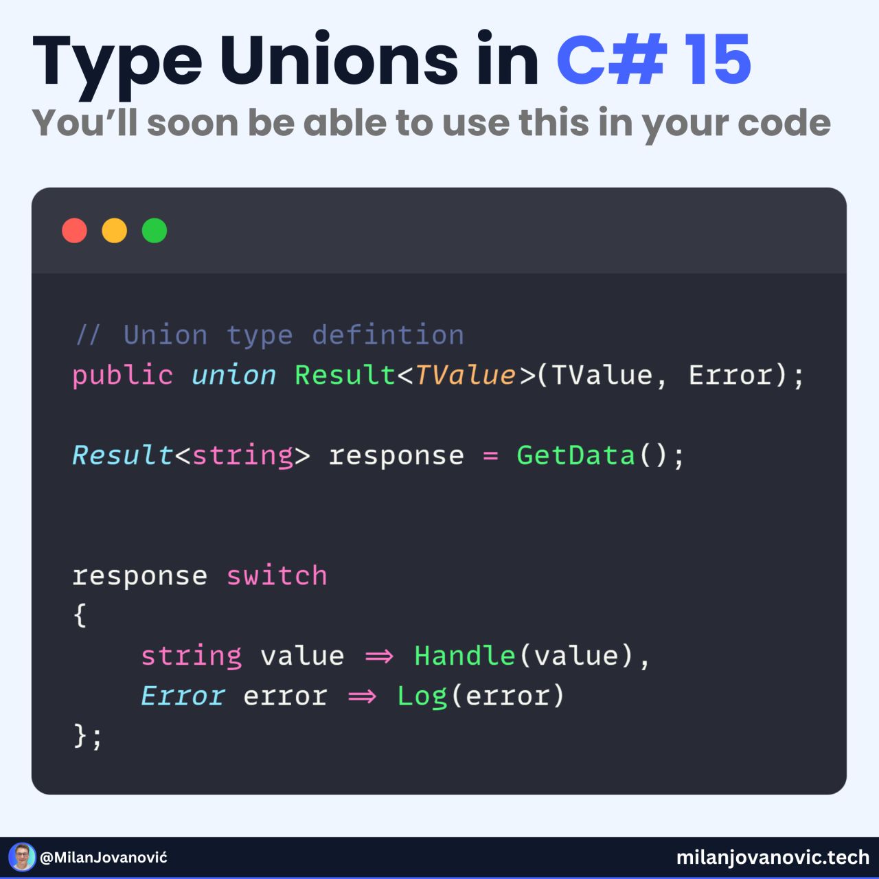 LinkedIn post image: C# 15 is getting union types.