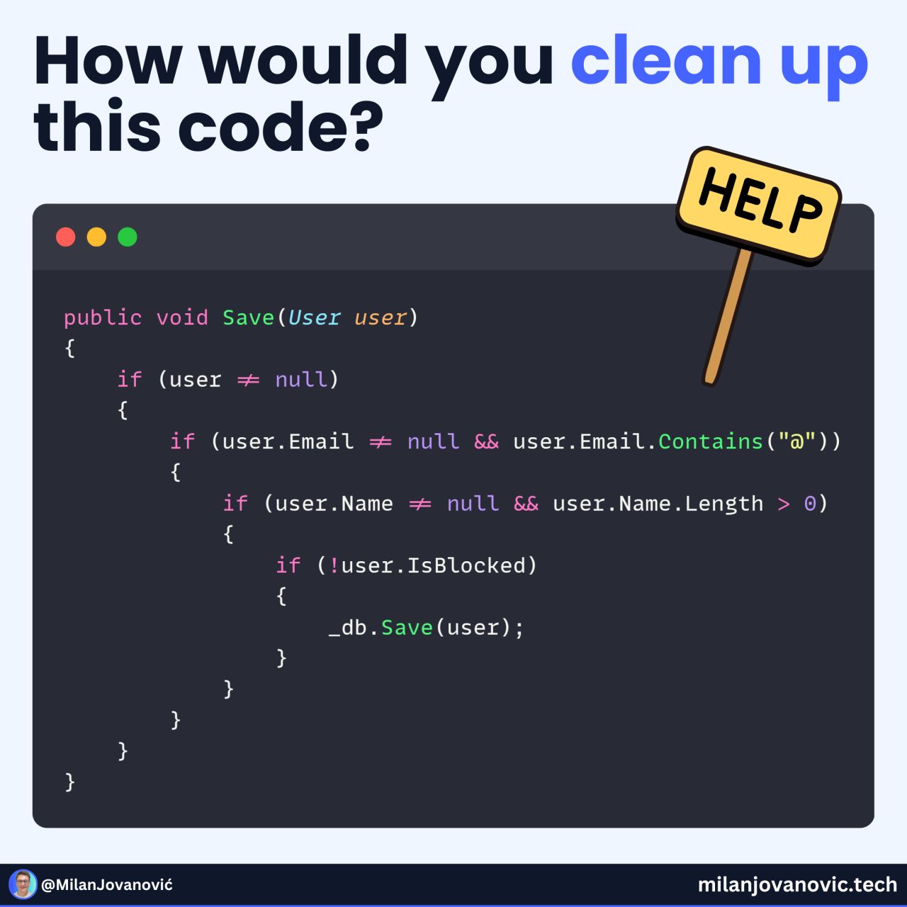 LinkedIn post image: Messy code slows you down. Clean code compounds.