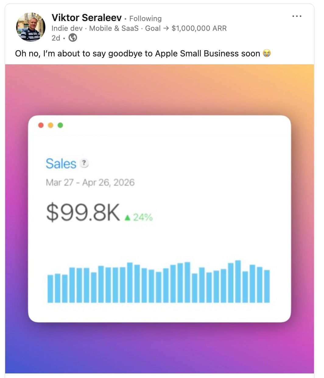 LinkedIn post image: Congratulations to Viktor Seraleev for passing $100k/month.