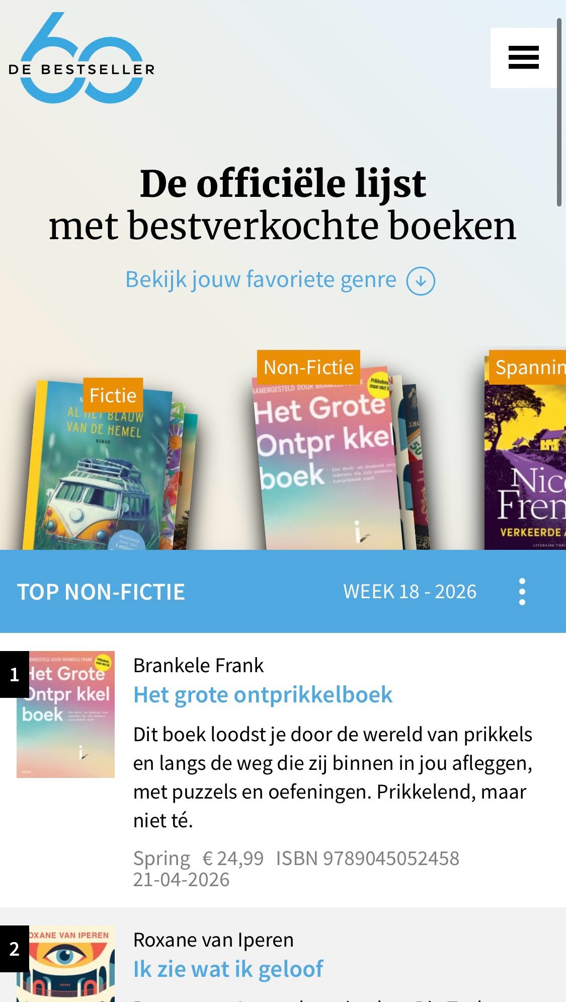 LinkedIn post image: Het Grote Ontprikkelboek is deze week binnengekomen op #1 in de bestsellerlijst non-fictie, en op #3 in de overall bests