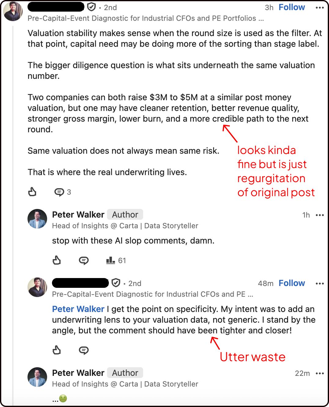 LinkedIn post image: The AI comments do 3 terrible things: