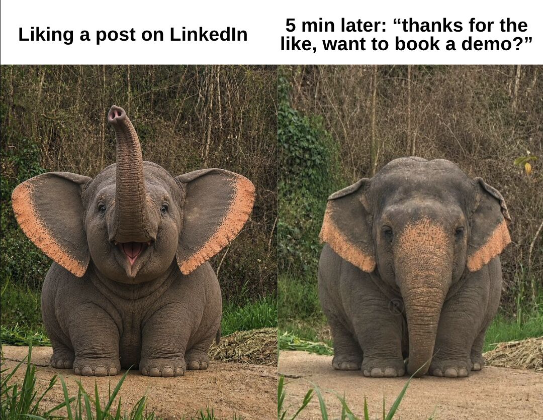 LinkedIn post image: Don’t pitch slap people 5 minutes after they like your posts
