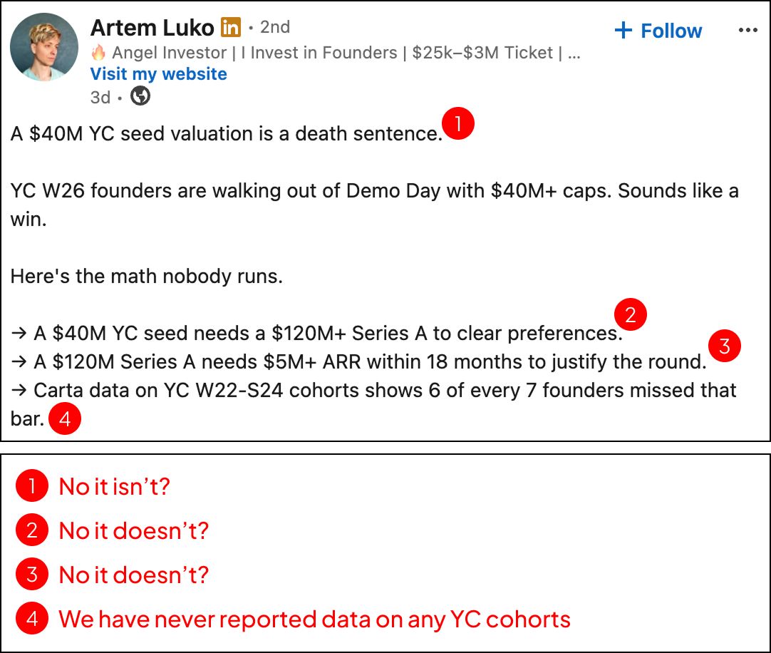 LinkedIn post image: Friendly reminder that most folks are just talking their own book about startups.