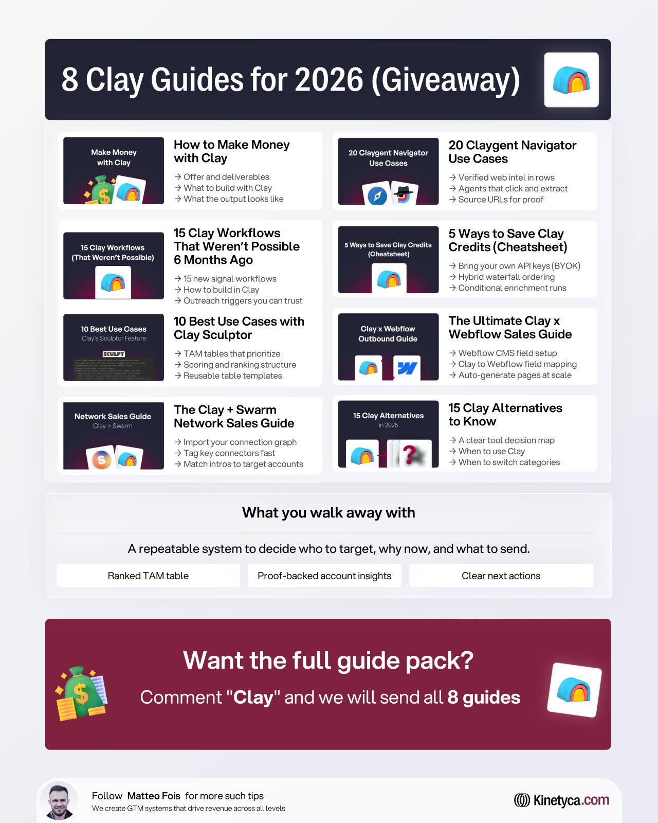 LinkedIn post image: I'm giving away 8 Clay guides worth $15K for free.