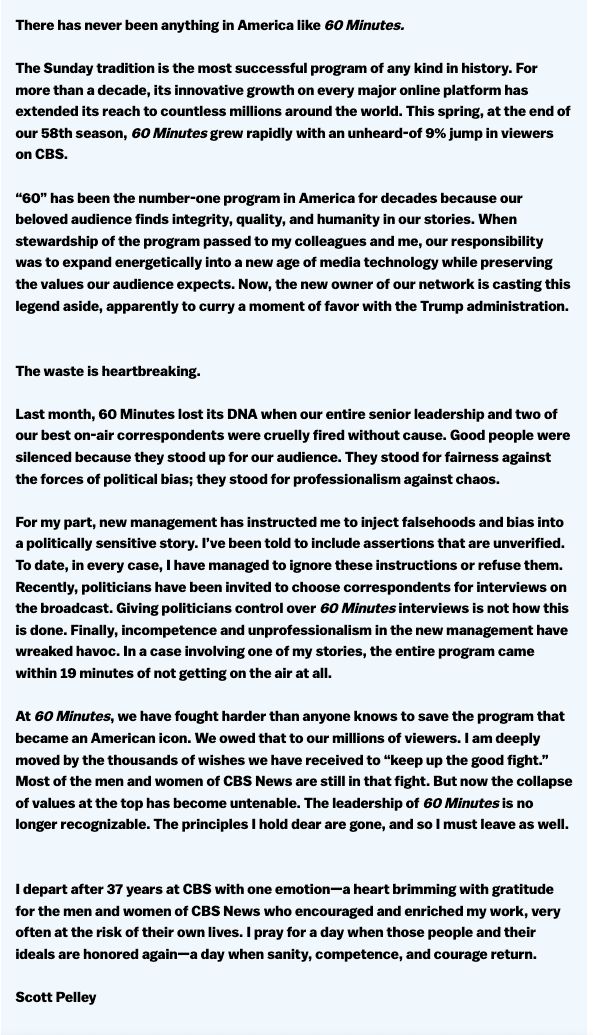 LinkedIn post image: Wow. Read Scott Pelley's statement about 60 Minutes.