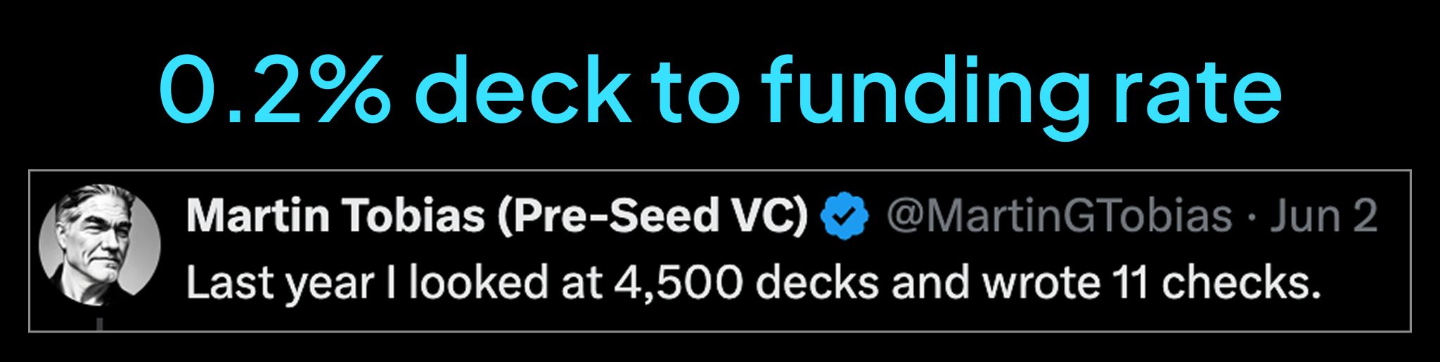 LinkedIn post image: 4,500 pitch decks --> 11 checks written.