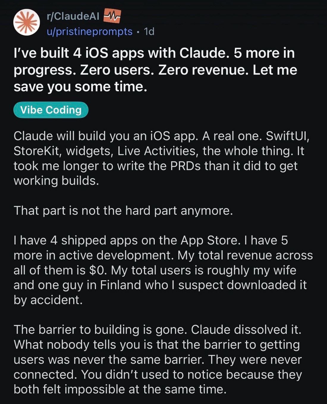 LinkedIn post image: AI can build your entire product now. It still can’t get you a single user. Those were never the same job.