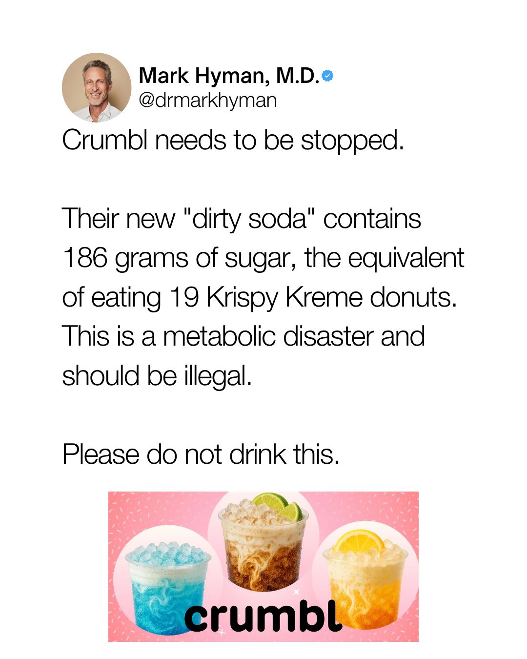 LinkedIn post image: Crumbl just launched "Dirty Sodas." Finally, some honest marketing.