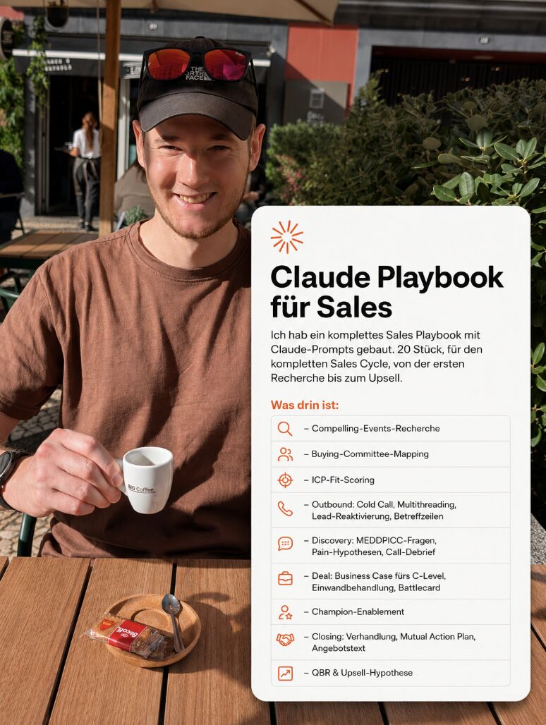 LinkedIn post image: Ich hab ein komplettes Sales Playbook mit Claude-Prompts gebaut. 20 Stück, für den kompletten Sales Cycle, von der erste