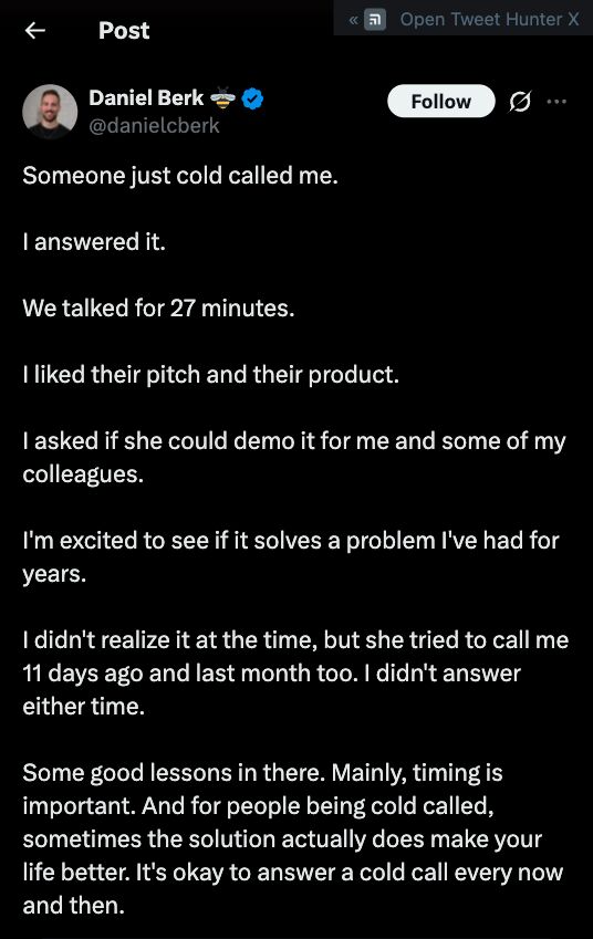 LinkedIn post image: >50% of outbound success is following up (tastefully) until you make the sale or get told to F off. This is a great exam