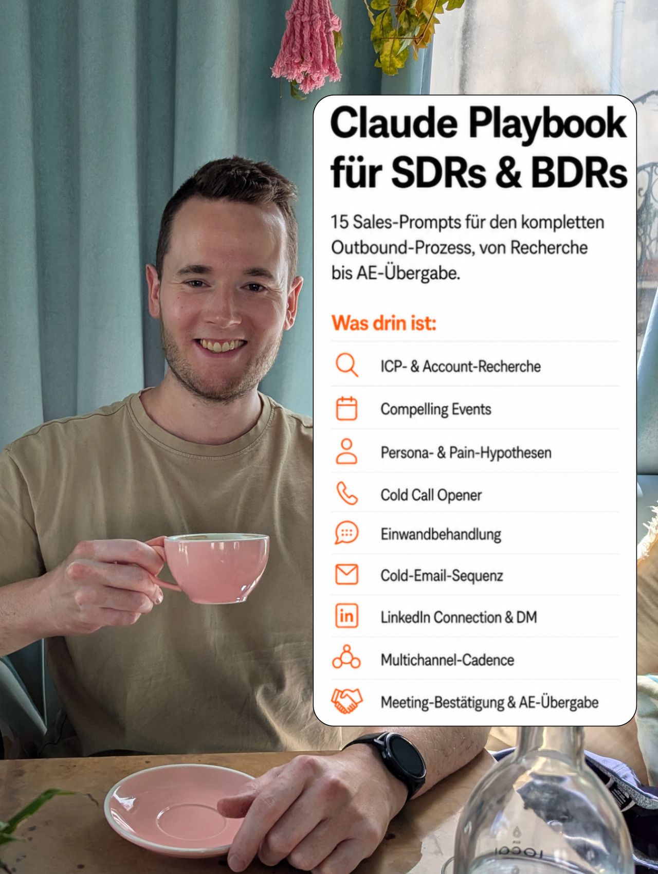 LinkedIn post image: Ich hab ein komplettes SDR & BDR Sales Playbook mit Claude gebaut. 15 Prompts, für den kompletten Outbound Prozess von I
