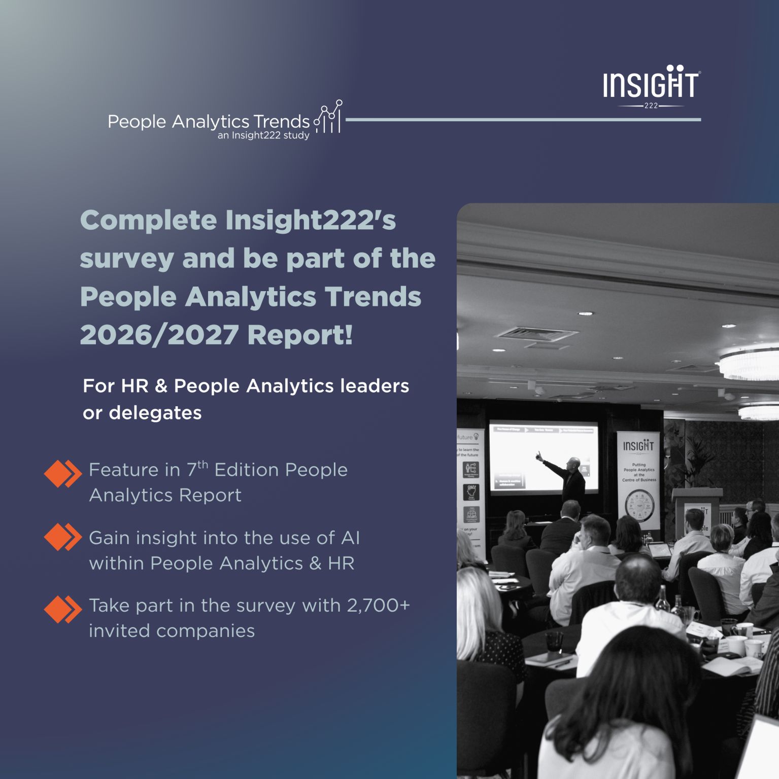 LinkedIn post image: 🔊 Calling People Analytics Leaders: please take 25 to 30 minutes to complete this year’s Insight222 People Analytics Tr