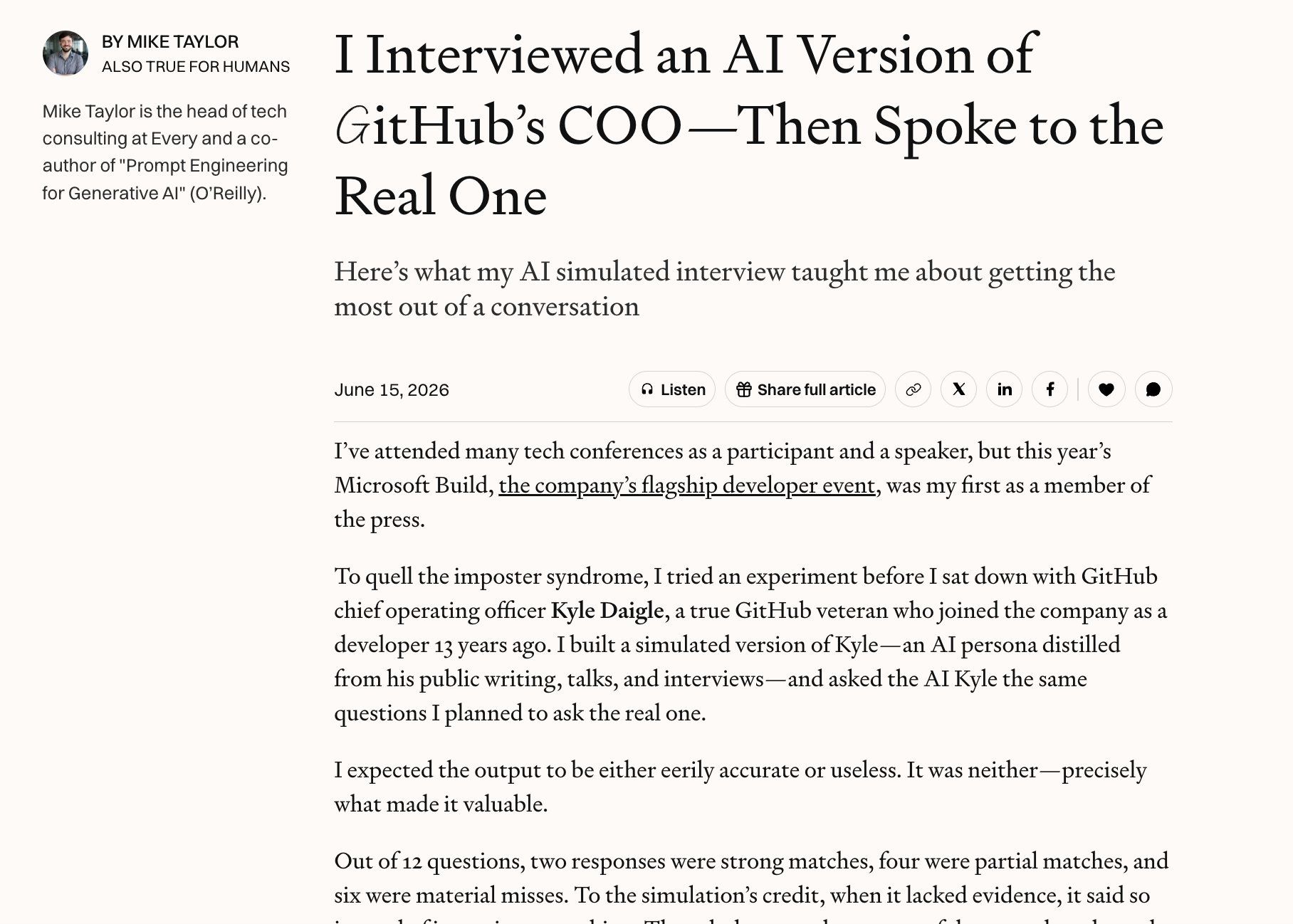 LinkedIn post image: I'm not a journalist, so when I was told I'd be interviewing GitHub's COO I made an AI version of them to practice on.