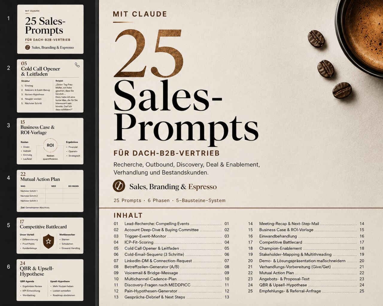 LinkedIn post image: Ich hab ein komplettes Sales Playbook mit Claude-Prompts gebaut. 25 Stück, für den kompletten Sales Cycle, vom ersten Re