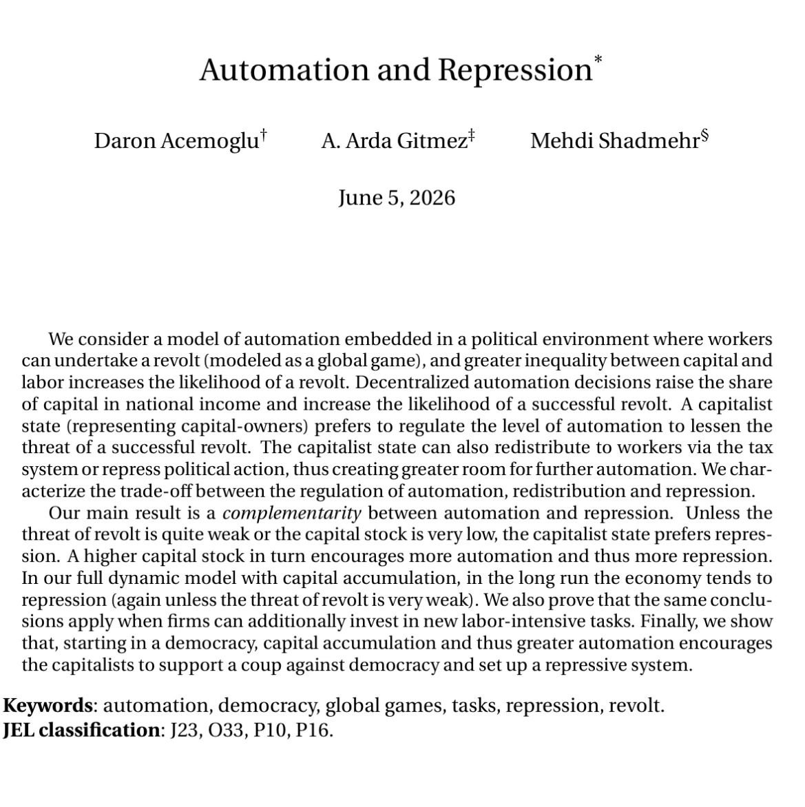 LinkedIn post image: Brutal paper: automation may lead to political repression.