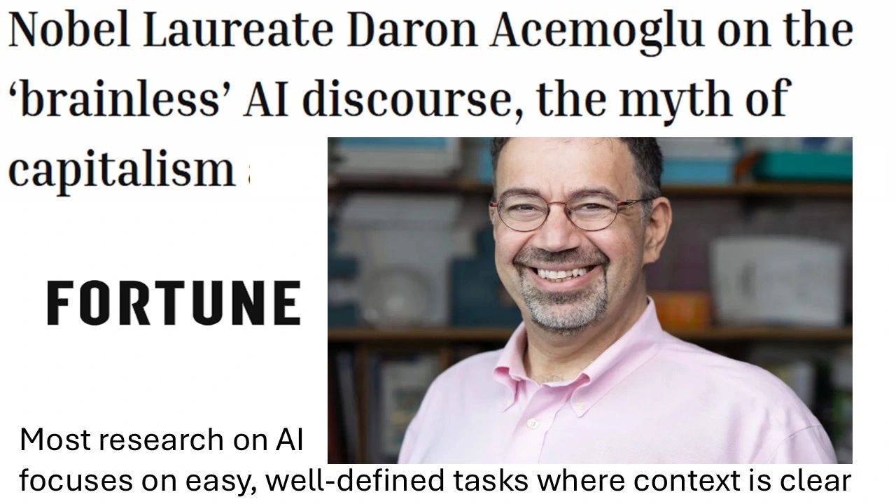 LinkedIn post image: Acemoglu says that “most research on AI productivity is overblown because it overwhelmingly focuses on easy, well-define