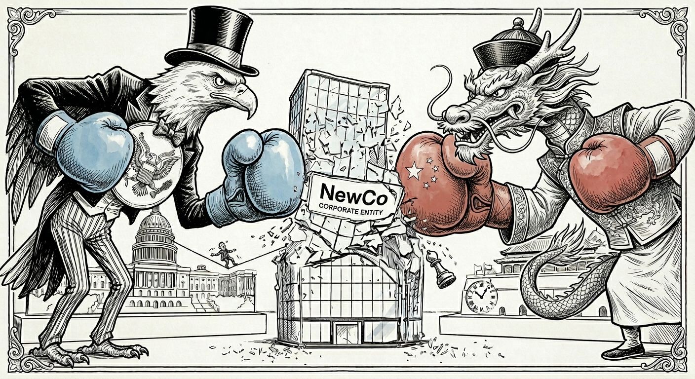 LinkedIn post image: Two sovereigns. Two power moves. To kill the NewCo model in US-Chinese biotech deals.