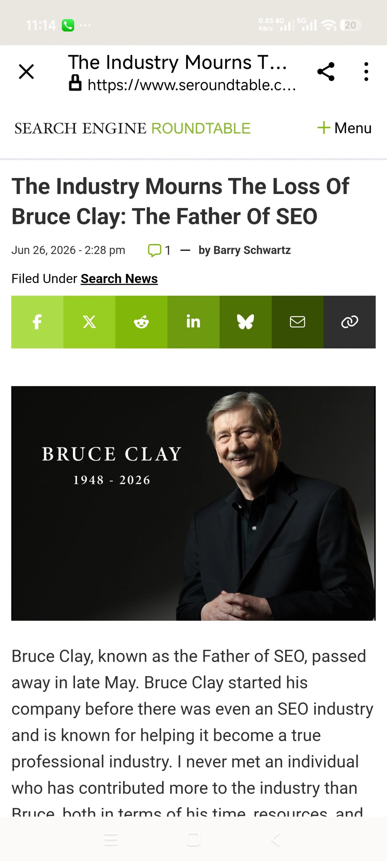 LinkedIn post image: I'm absolutely heartbroken to hear this. Bruce Clay was a gentle, kind hearted man with a passion for SEO that was unmat