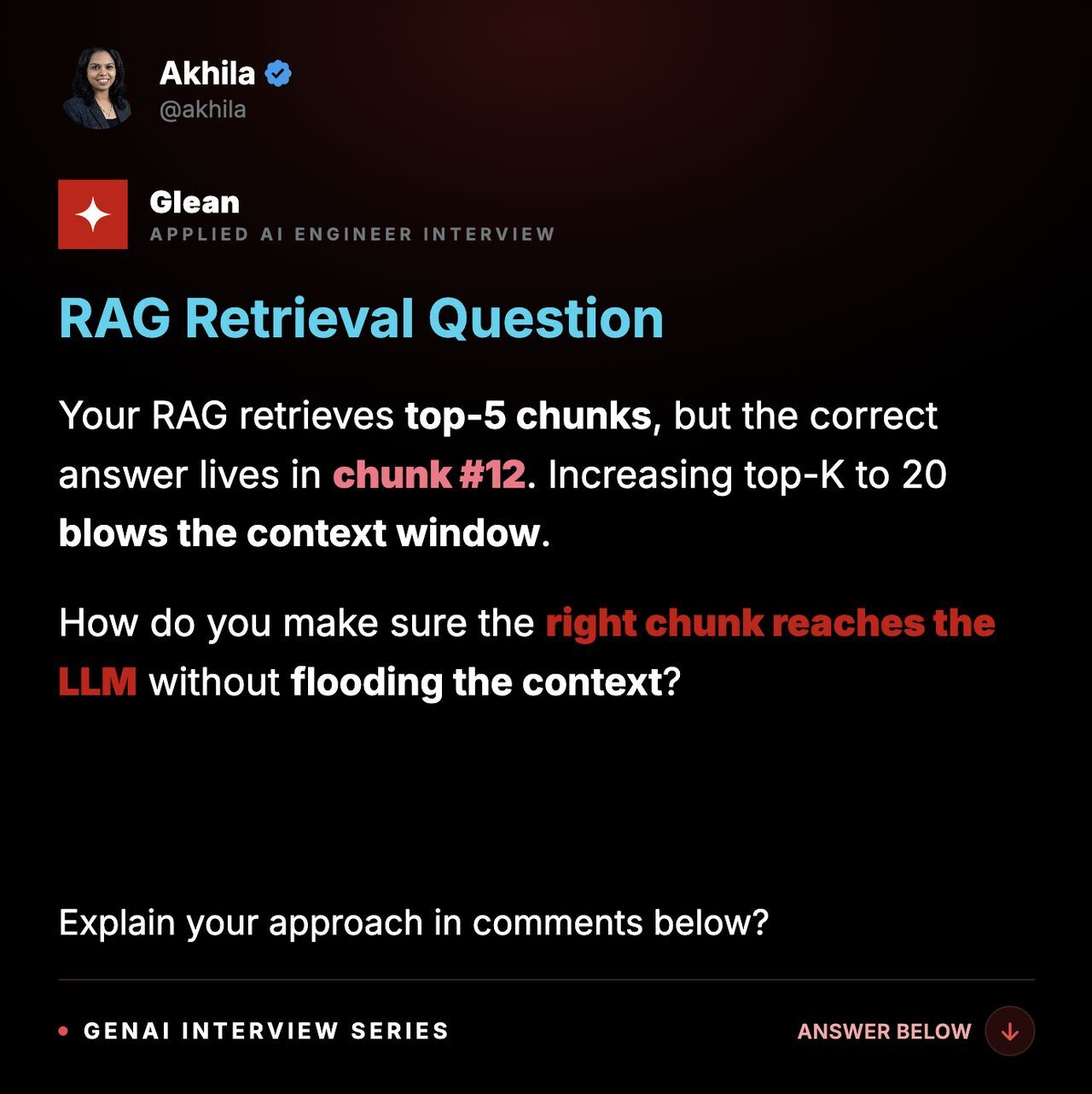 LinkedIn post image: Your RAG returns top-5 chunks. The right answer is in chunk #12. Bumping to top-20 blows your context window. Now what?