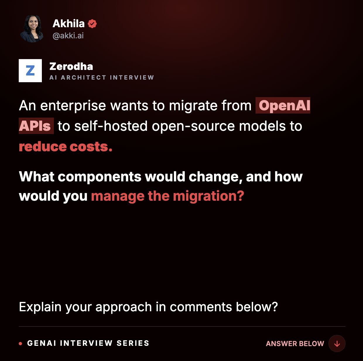 LinkedIn post image: our OpenAI bill just crossed ₹50L/month. Leadership wants it cut. Now what?