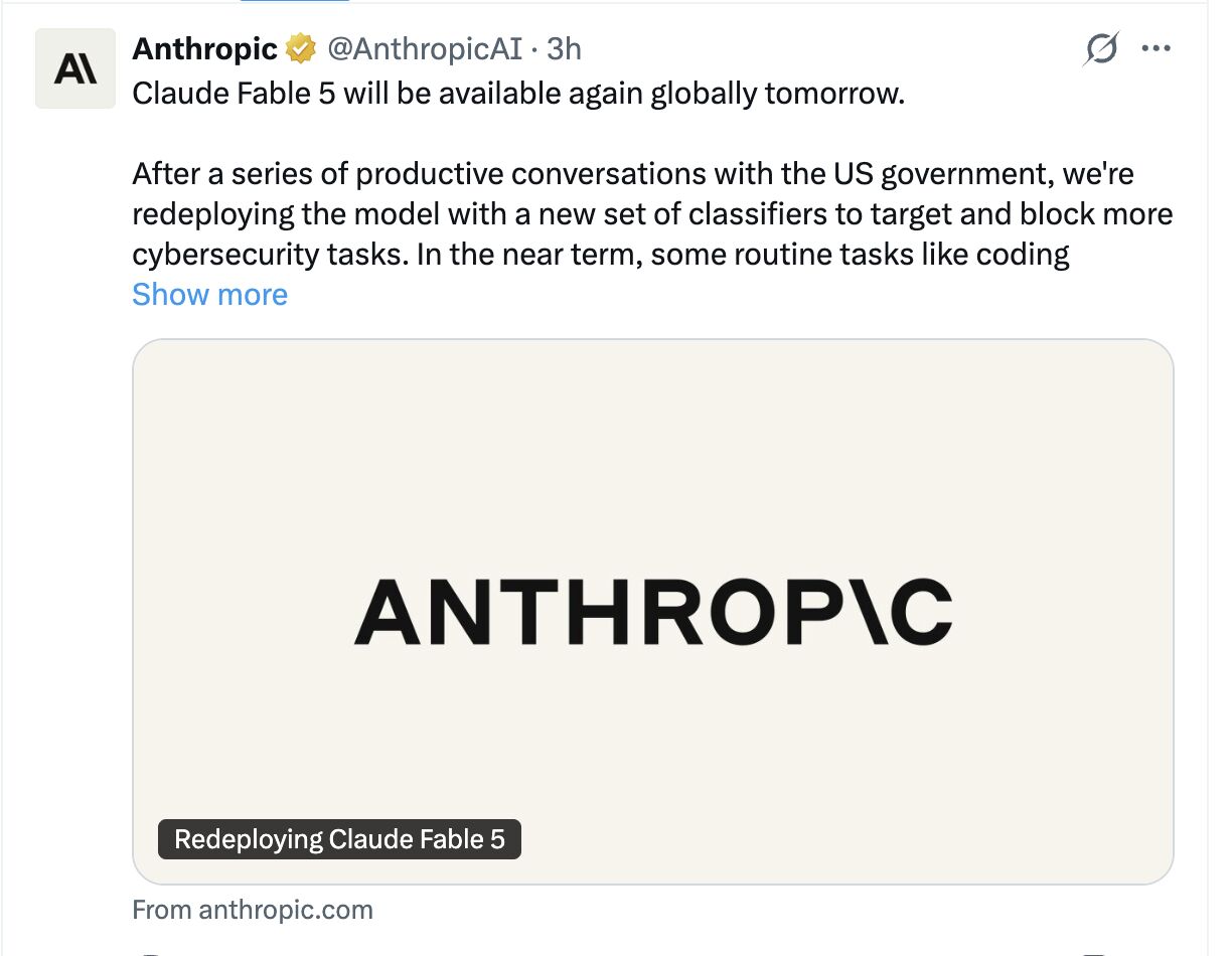 LinkedIn post image: This is Fableous. Anthropic is bringing back its banned model.