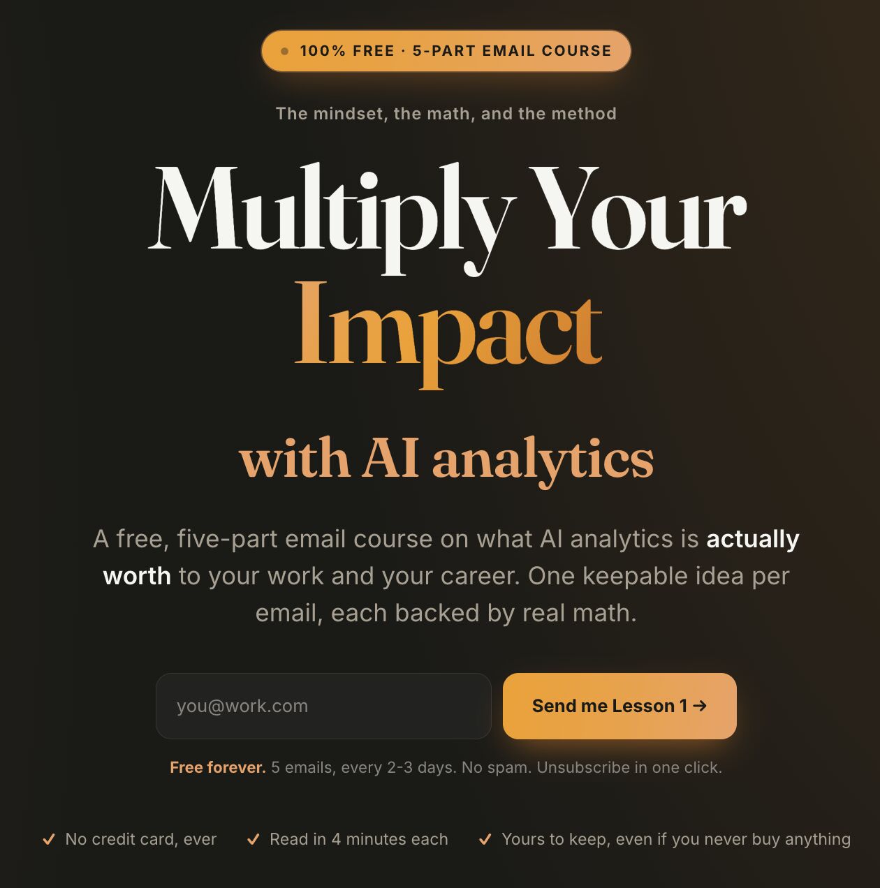 LinkedIn post image: We just launched a free email course on what AI analytics is actually worth to your career. Not just the hours it saves