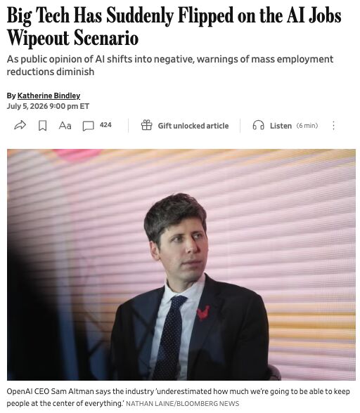 LinkedIn post image: Big Tech CEOs get the memo: AI job fears are slowing adoption.