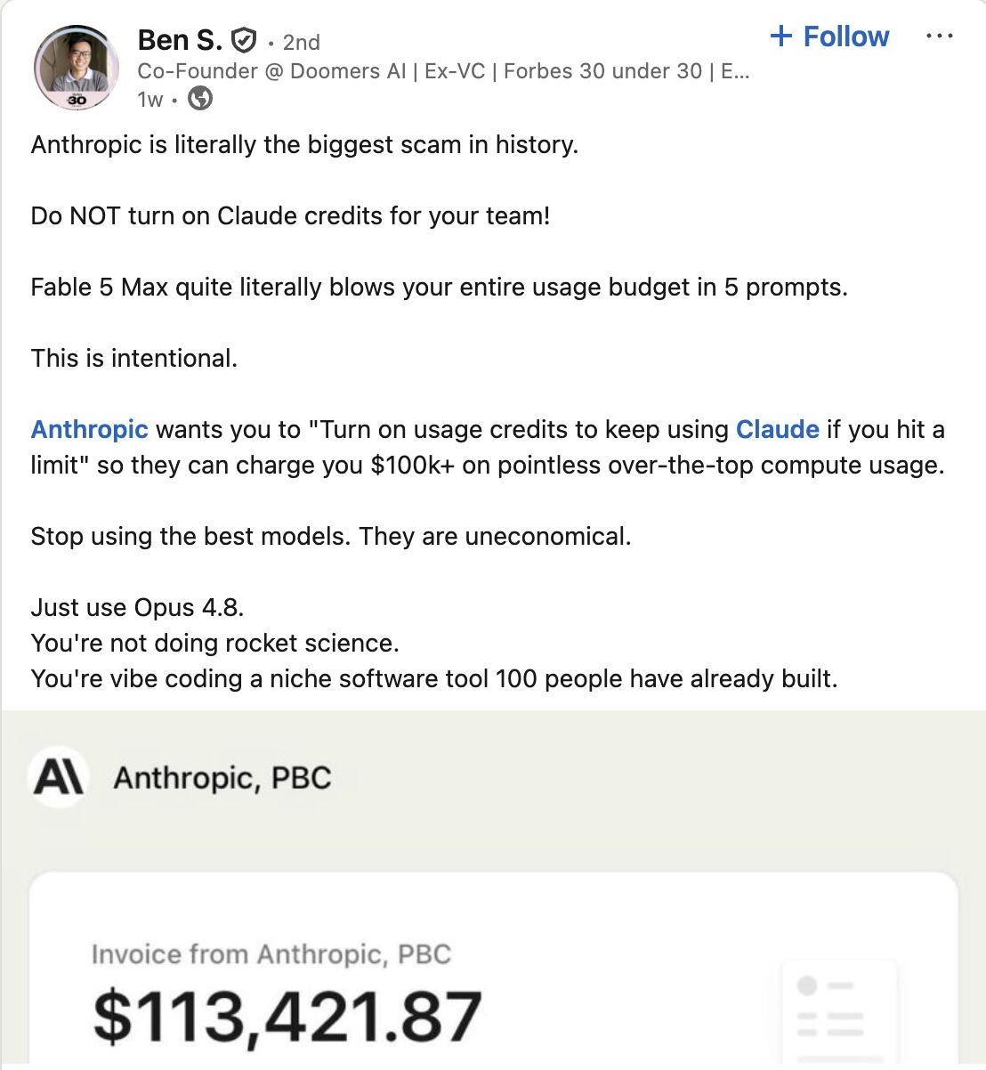 LinkedIn post image: A founder just got a $113,000 invoice from Claude.
