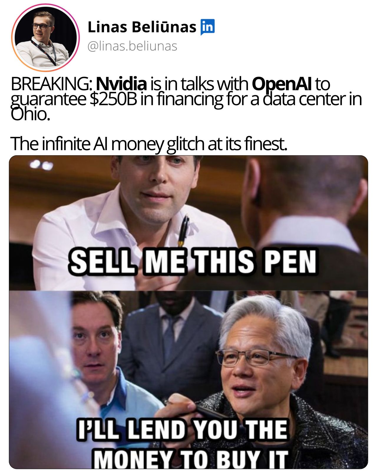LinkedIn post image: The infinite AI money glitch continues: NVIDIA is currently in talks with OpenAI to guarantee $250 billion in financing