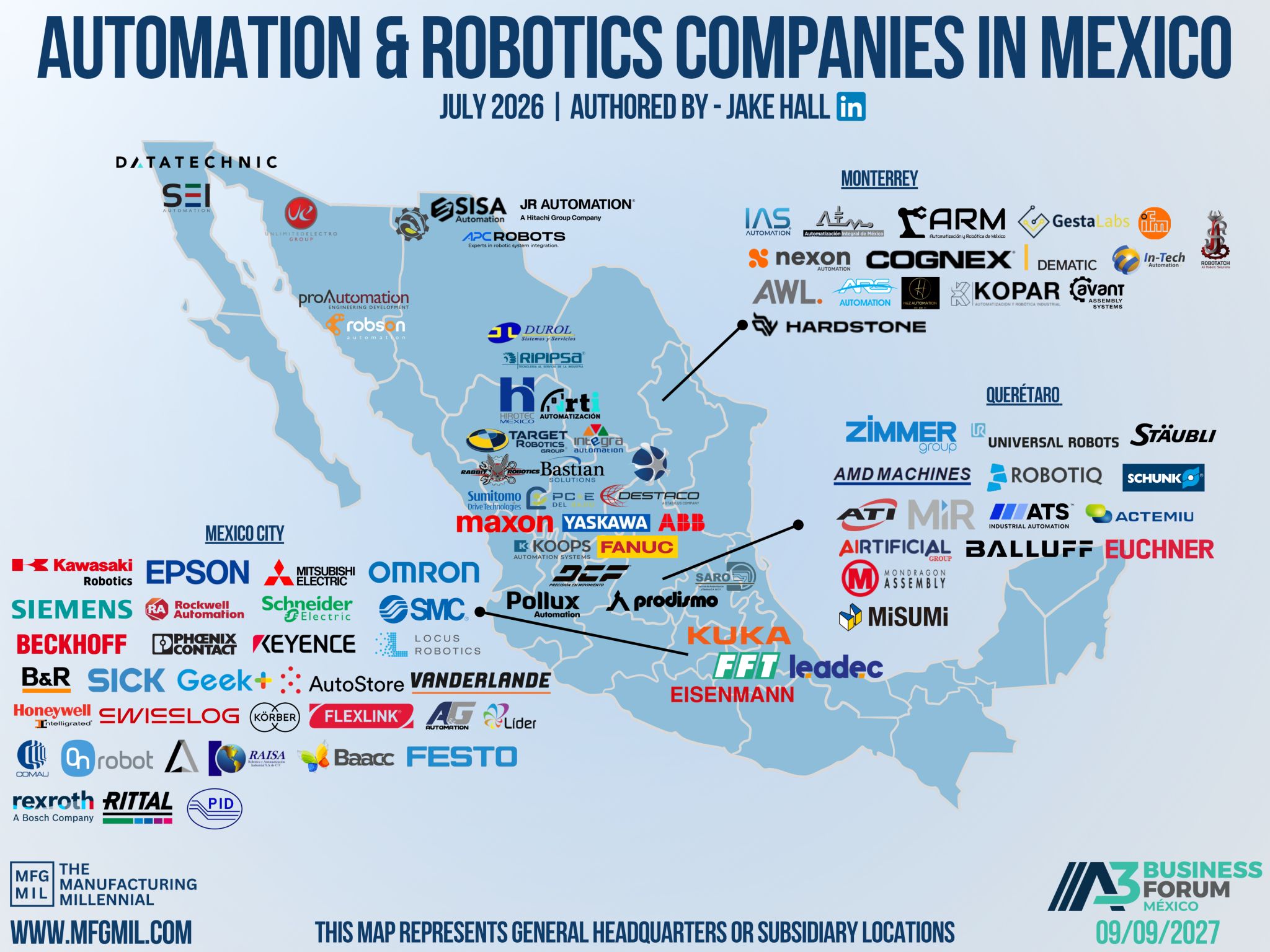 LinkedIn post image: 𝐑𝐨𝐛𝐨𝐭𝐢𝐜𝐬 & 𝐀𝐮𝐭𝐨𝐦𝐚𝐭𝐢𝐨𝐧 𝐢𝐧 𝐌𝐞𝐱𝐢𝐜𝐨! This map features companies that either manufacture or integ