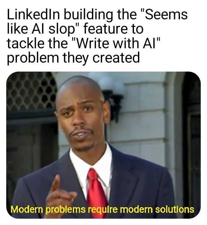LinkedIn post image: I thought people were joking about the "Seems Like AI Slop" button