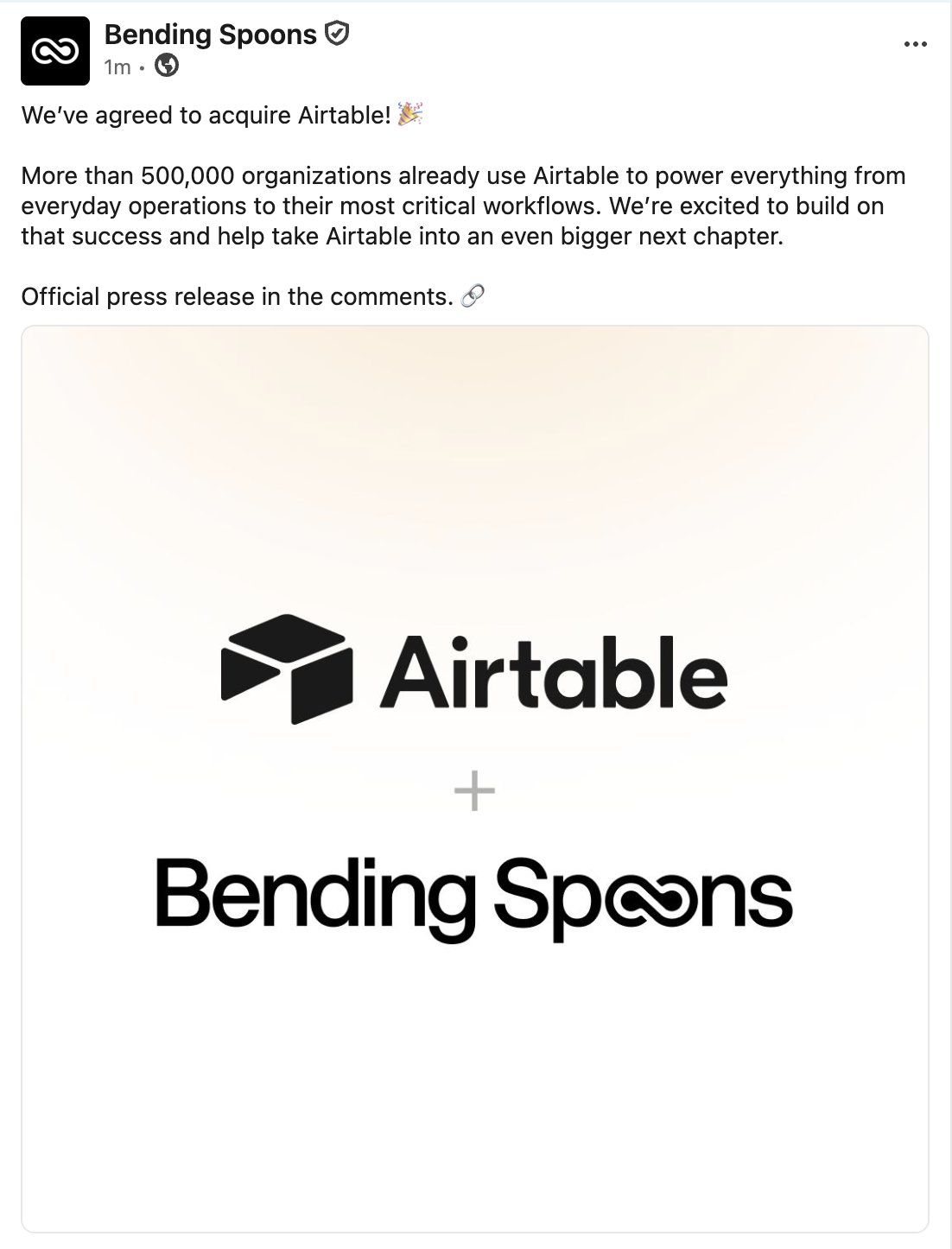 LinkedIn post image: Wow, Airtable got acquired. A few personal thoughts I'd like to share (no fancy analysis I promise):