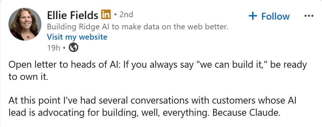 LinkedIn post image: The cost of building software is collapsing faster than the cost of owning software.