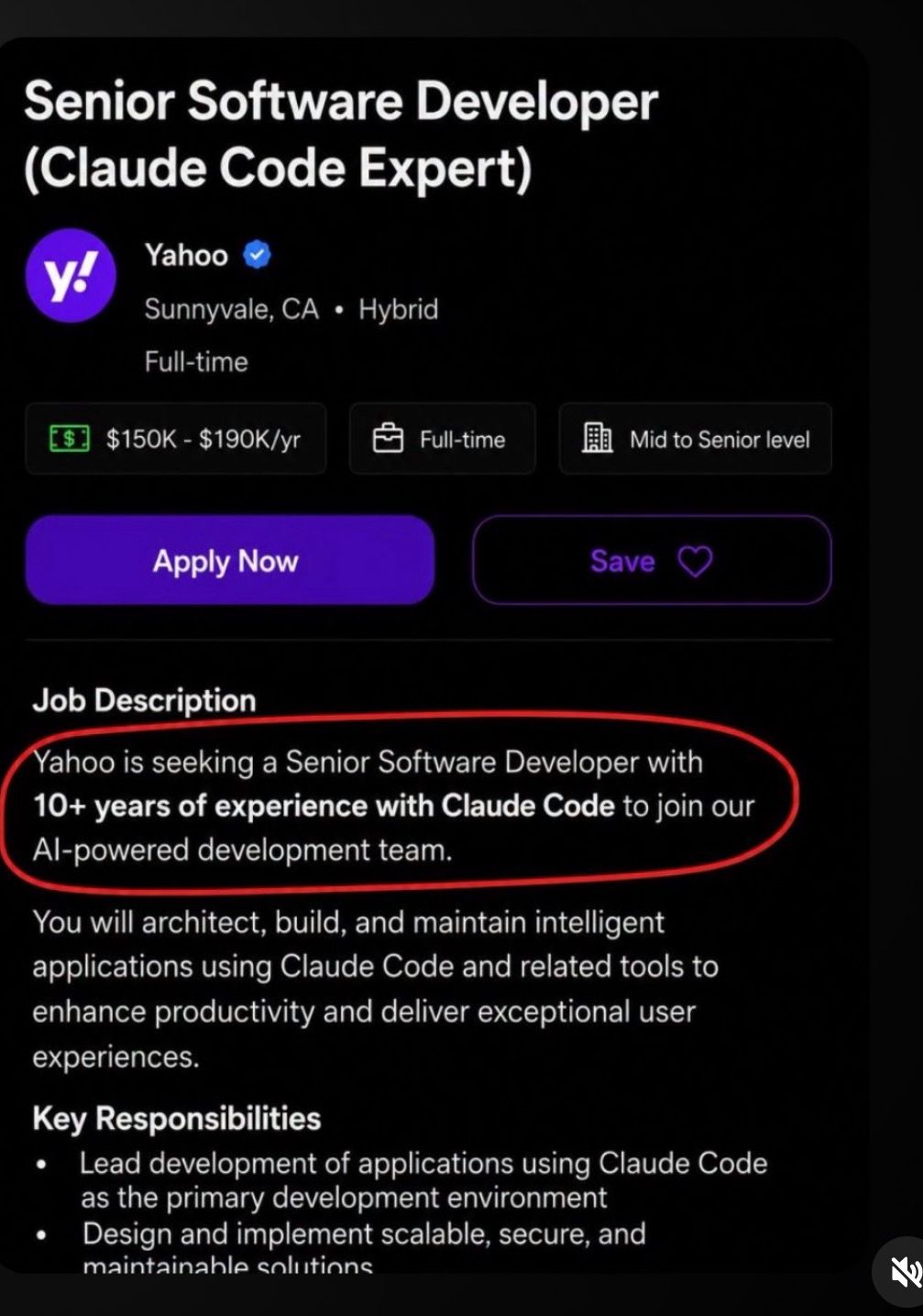 LinkedIn post image: Yahoo can you stop writing your job description with AI pls, thx.