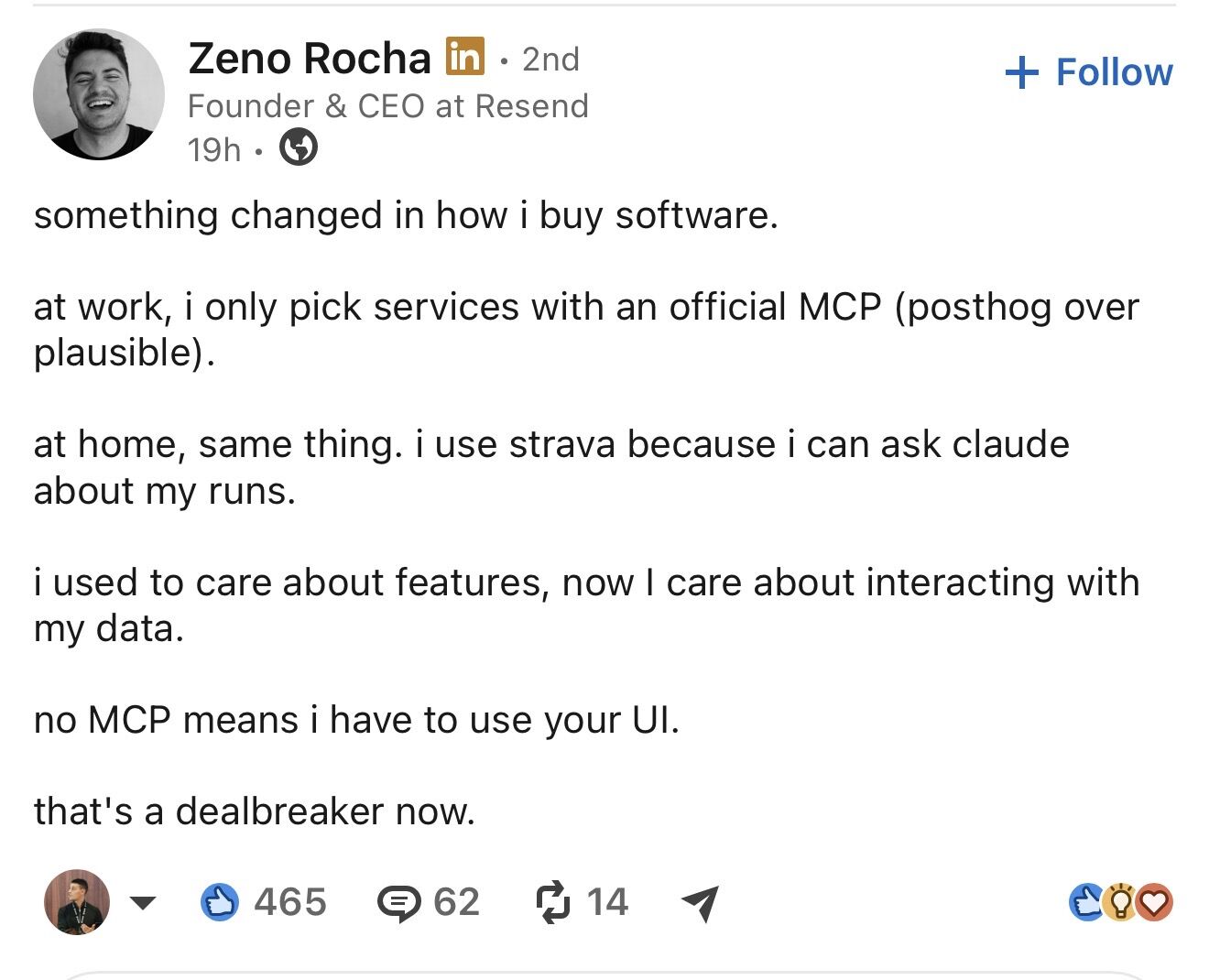 LinkedIn post image: no MCP is a dealbreaker