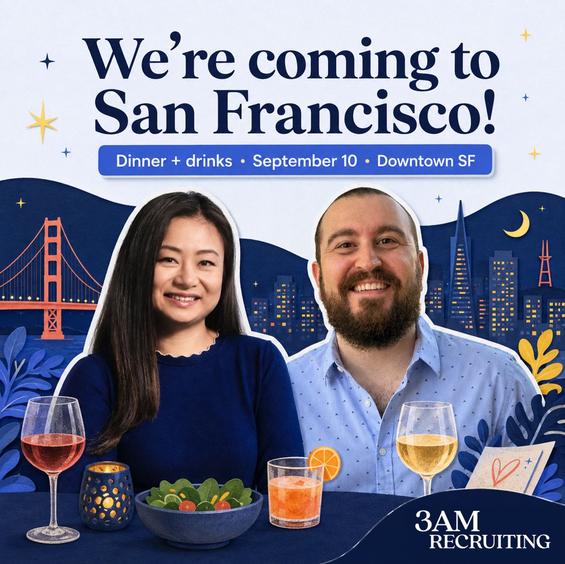 LinkedIn post image: 📢 San Francisco Startup PMMs, I wanna buy you dinner! well, technically 3AM Recruiting does 🥘🍲😋